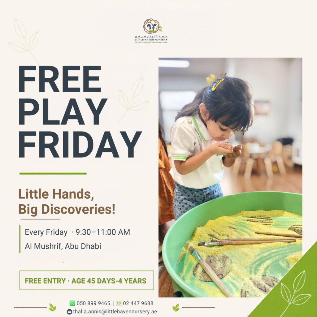 Free Play Day at Little Haven Nursery in Al Mushrif, Abu Dhabi, every Friday from 9:30 AM to 11:00 AM.